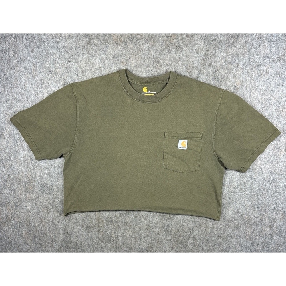 Carhartt K87 Womens Crop Top Tagged Mens M Olive Green Pocket Tee Raw Hem